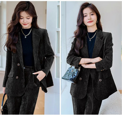 Pleuche Women Suits Office Sets 2024 Autumn New Fashion Notched Double Breasted Blazers Vintage Casual Wide Leg Pants Suits