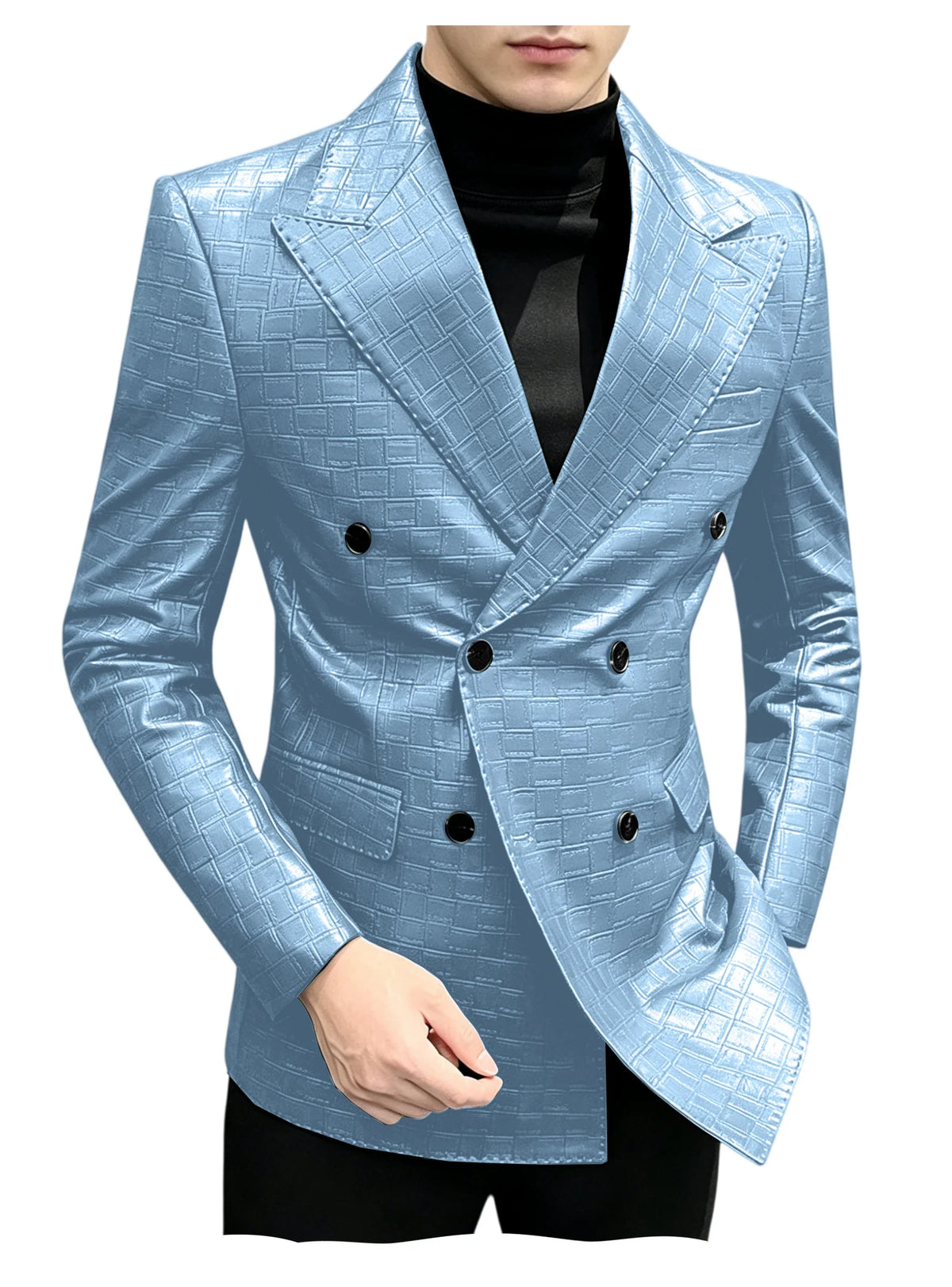 Men's Crocodile Leather Blazer Double Breasted Slim Fit Suit Jacket Formal Business Casual Sport Coat Wedding Party Streetwear