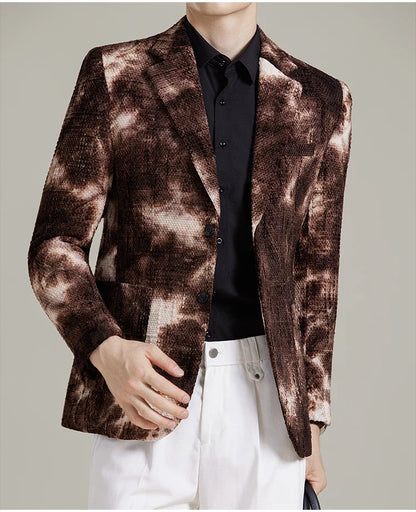 Autumn Korean Slim Fit Suit Jacket for Men Tie Dye Chenille Fashion Casual Suit Jacket Warm Business Social Formal Men Blazers