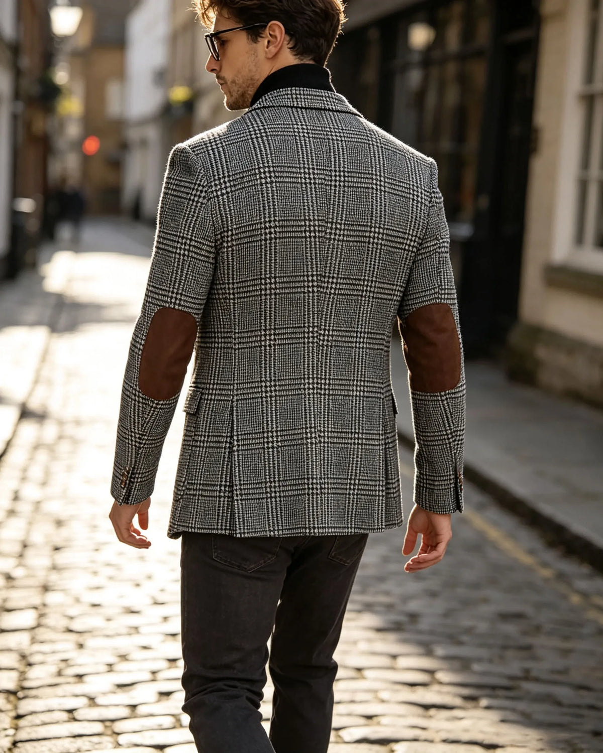 Vintage Wool Blend Plaid Men's Jackets Notched Collar Slim Fit Single Breasted Blazers With Suede Elbow Patches Business Casual