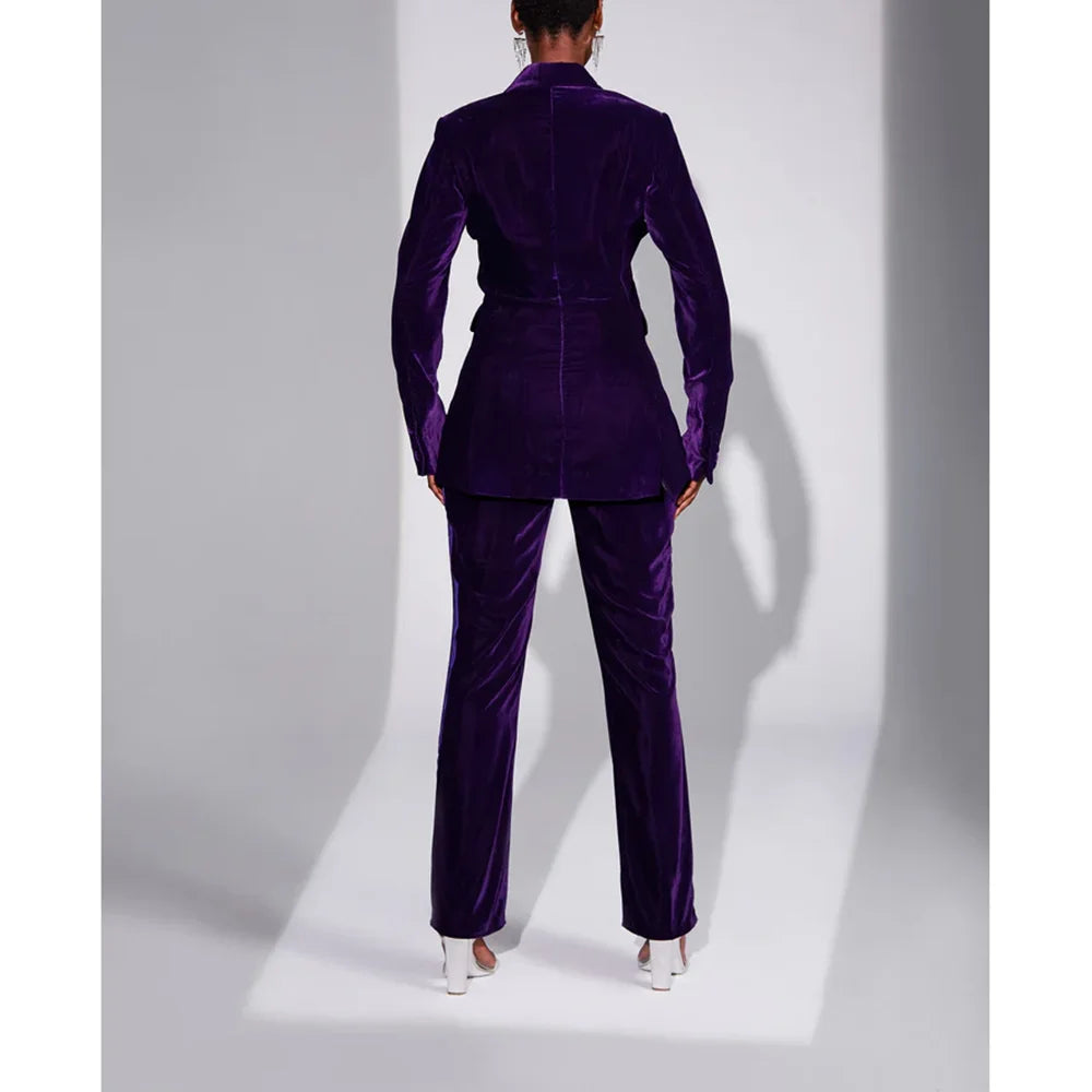 Purple Velvet Double Breasted Peaked Lapel Woman Suits 2 Pieces Blazer+Pants Set Formal Party Sets Office Lady Daily Sets