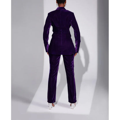 Purple Velvet Double Breasted Peaked Lapel Woman Suits 2 Pieces Blazer+Pants Set Formal Party Sets Office Lady Daily Sets