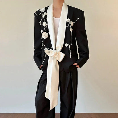 2026 Spring New Fashion Elegant Temperament Ribbon Decorate Blazer Coat Men's Handsome Luxury Casual Male Clothes JY5386