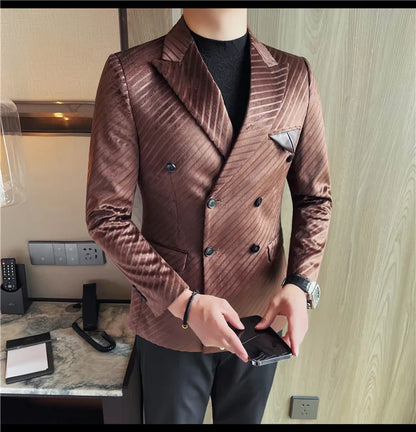 British Style Double Breasted Suit Jacket Men Striped Casual Business Blazers High Quality Wedding Social Banquet Dress Coats