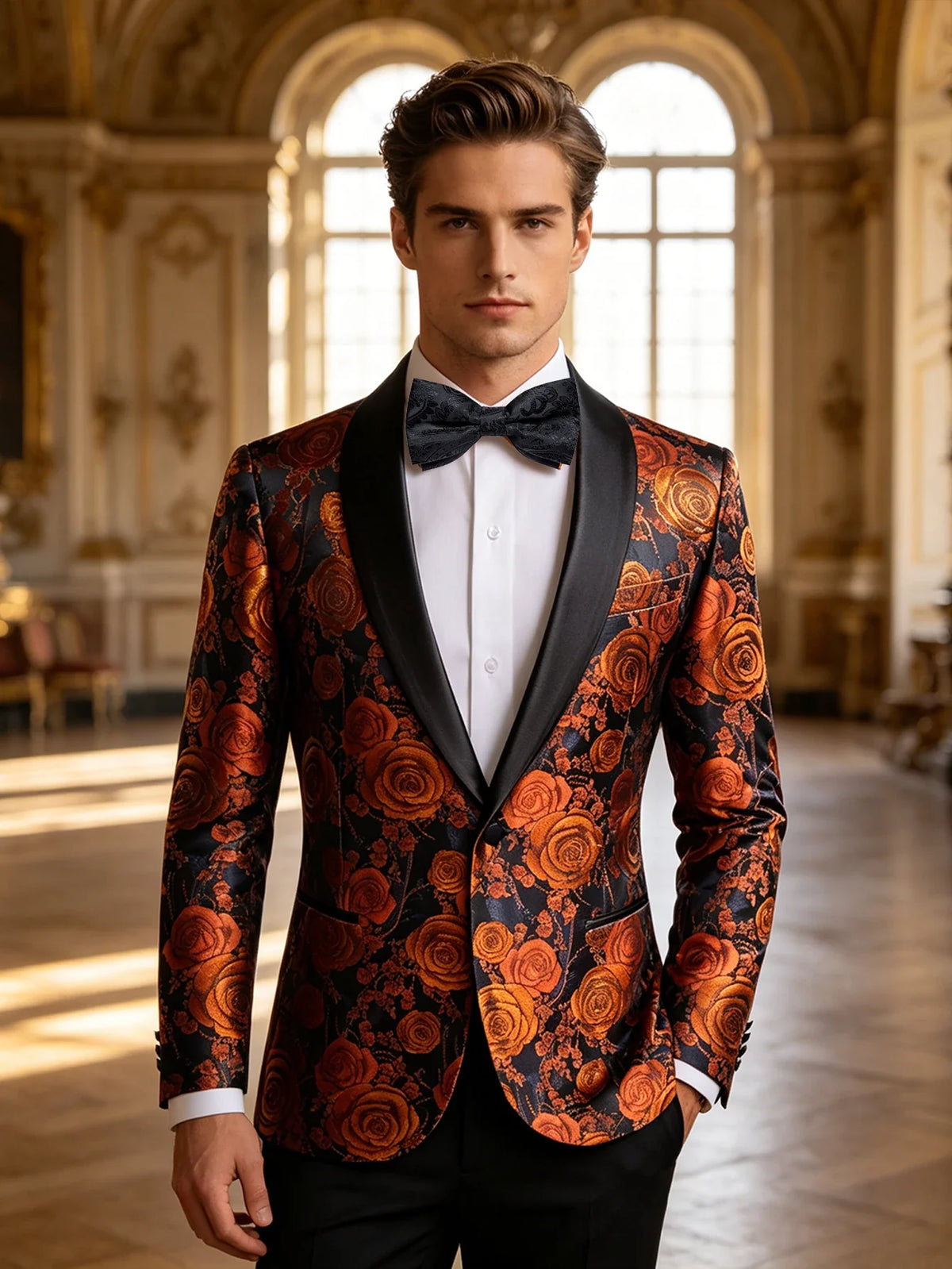Vintage Brown Rose Pattern Mens Tuxedo Jacket, Satin Shawl Collar Slim Blazer for Banquet Host Wedding Party