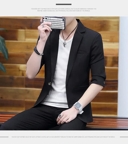 Summer 2025 Men's Mid-Sleeve Slim Fit Suit Korean Style Handsome Youth Seven-Quarter Jacket Small Suit Collection