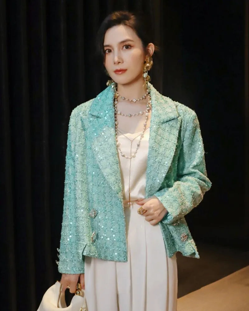 Elegant Women Spring Sequined Tweed Jacket Fashion Office Lady Doubil Breasted Short Coat Turn Down Collar Long Sleeve Outerwear