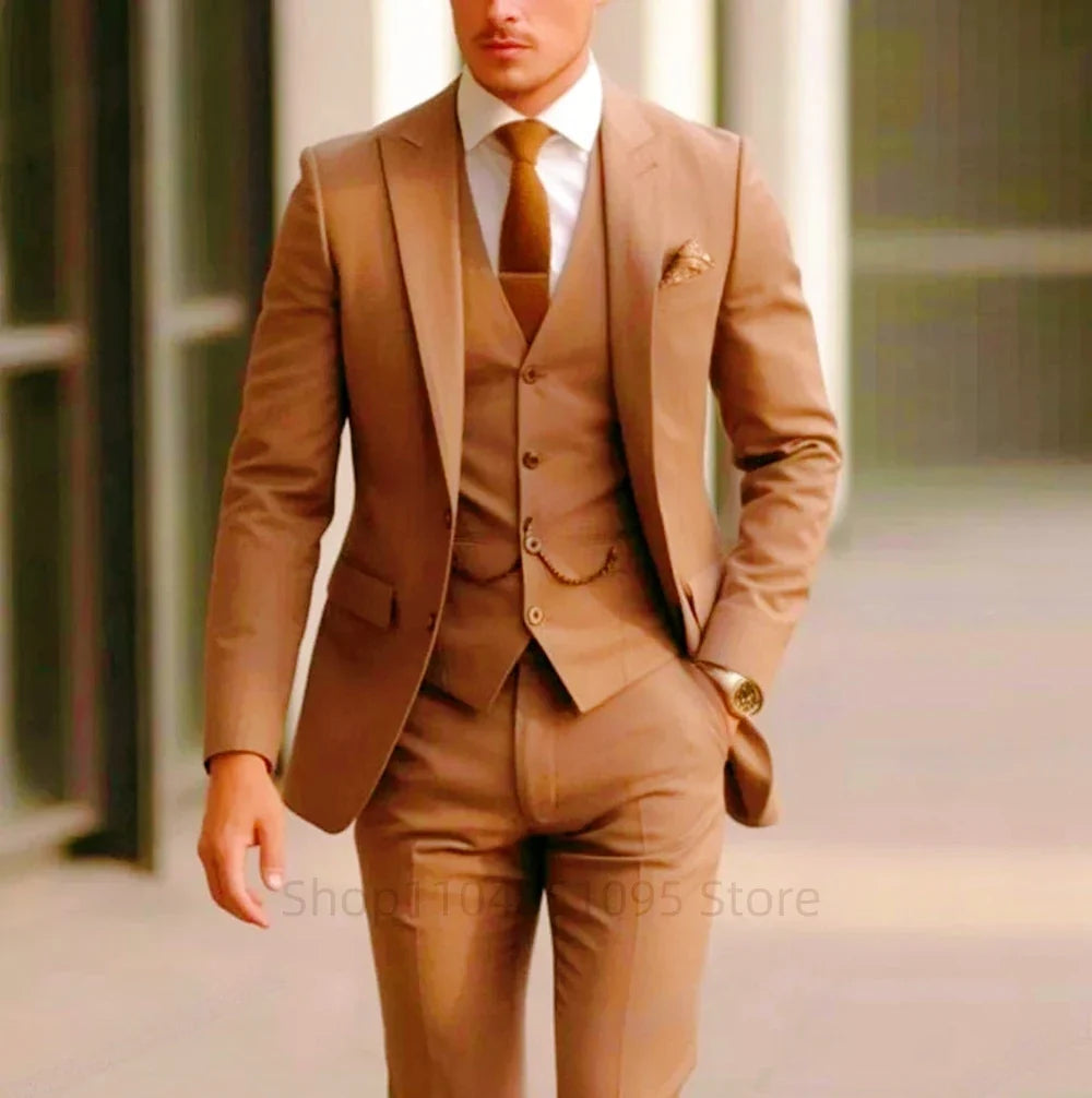 Classic Wedding Tuxedos Solid 3 Pieces Suits Slim Fit Groomsmen Suit Male Formal Business Men Clothing Party(Jacket+Vest+Pants)