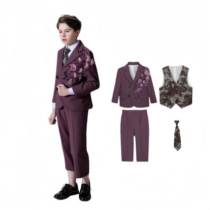 Children's Embroidered Suit Set Flower Boys Wedding Outfit Kids Jacket Vest Pants Tie 4Pieces Birthdy Party Clothes Set
