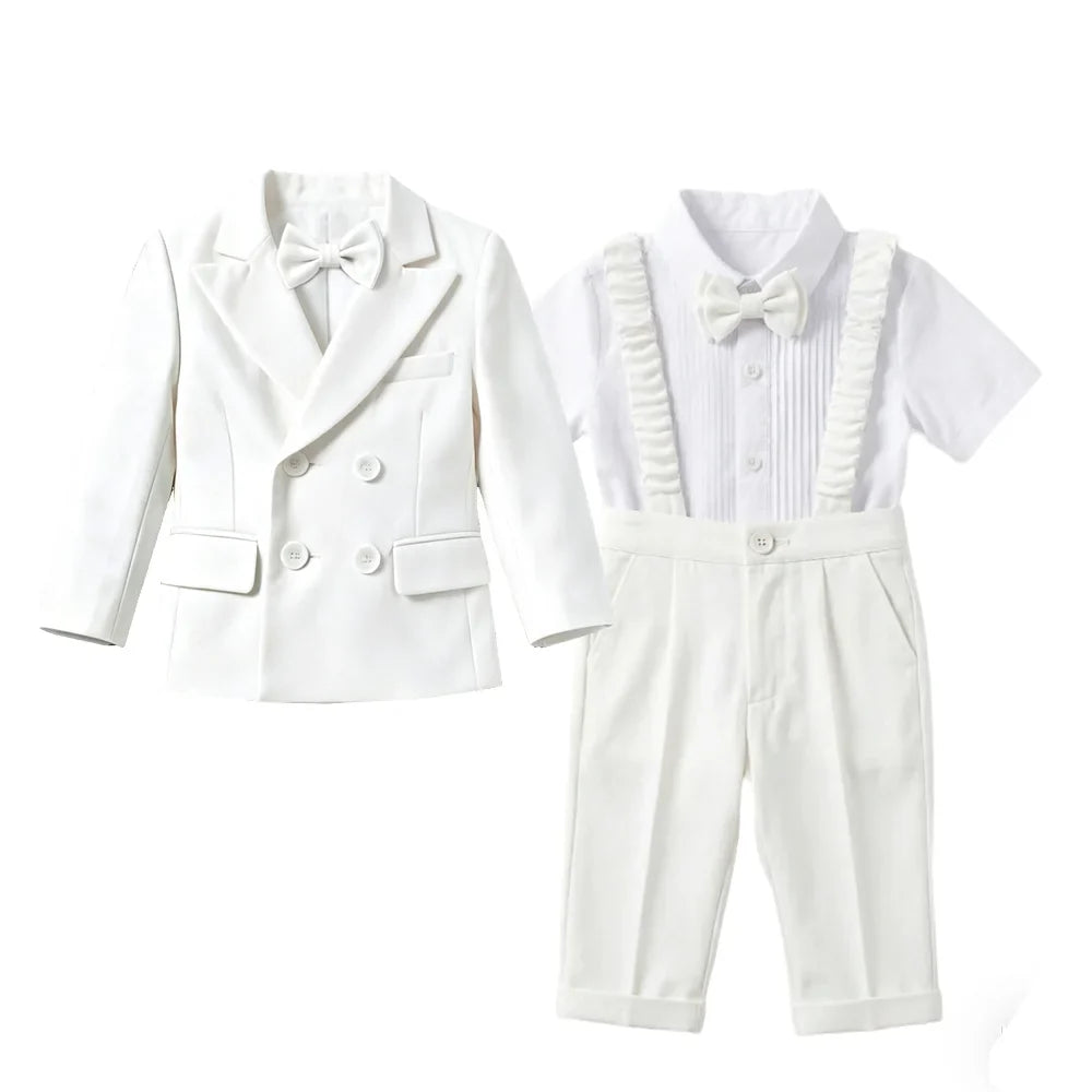 Boys White Wedding Suit Set Kids Formal Double‑Breasted Blazer Bow Tie Pants Outfit Toddler Party Christening Gentleman Costume