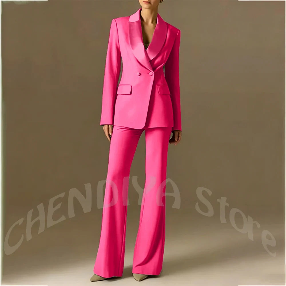 Classic Shawl Lapel Suit For Women Elegant Double Breasted Outfit Solid Color Two Piece Straight Modern Style Office Wear