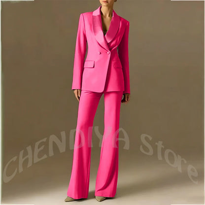 Classic Shawl Lapel Suit For Women Elegant Double Breasted Outfit Solid Color Two Piece Straight Modern Style Office Wear
