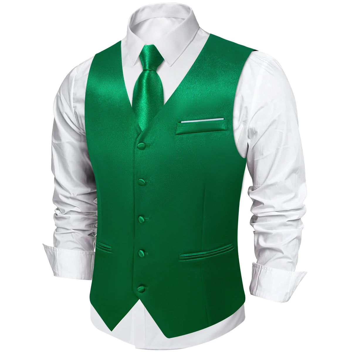 Men's Satin Suit Vest Set with Tie Handkerchief and Cufflinks for Wedding and Prom