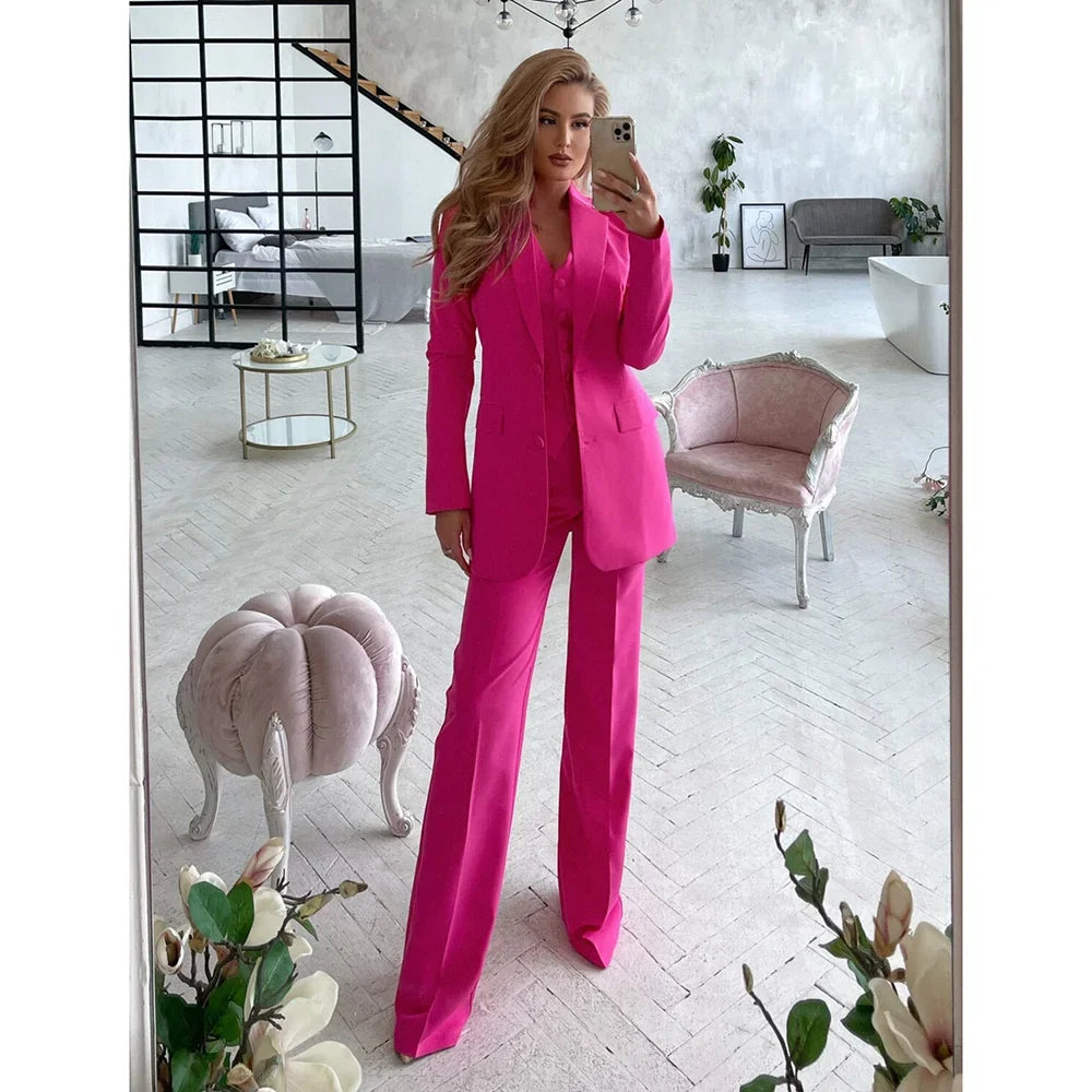 Rose Solid Woman Suits 3 Piece Fashion Notch Lapel Single Breasted Formal Casual Office Lady Pants Sets (Blazer+Vest+Pants)