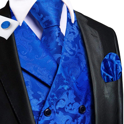 Men's Double Breasted Vest Set – Floral Jacquard Waistcoat with Tie, Pocket Square & Cufflinks for Weddings & Formal Events
