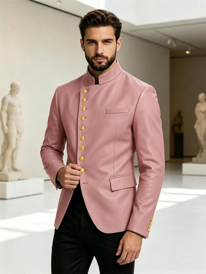 Luxury PU Men's Suit Blazer Single Breasted Stand Collar Slim Fit Leather Jacket Vintage High Quality Business Party Male Tuxedo