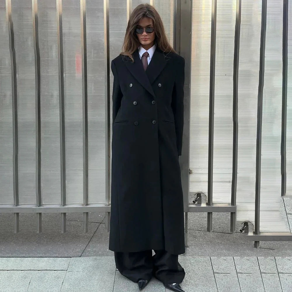 Sophisticated Women's Black Oversized Double Breasted Long Jacket Maxi Length Formal Streetwear Overcoat+Pants 2 Piece Set