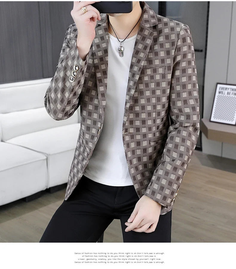 2026 Spring Autumn Men's Suit Jacket Korean Checkered Suit Jackets Slim Fit Fashion Casual Business Formal Blazers Costume Homme