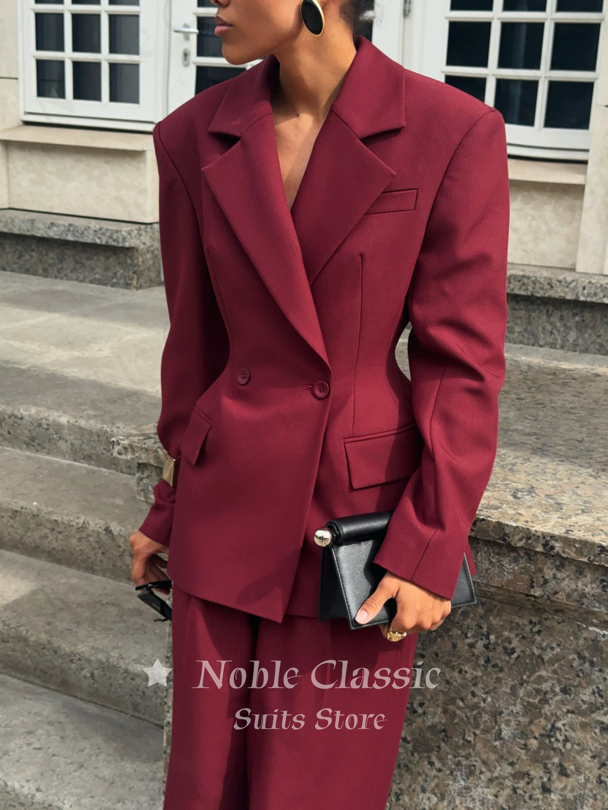 Women 2 Piece Suit Set Double Breasted Waist‑Fitted Blazer Wide Leg Pants Formal Office Business Lady Wedding Party Customized