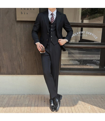 ( Jacket+Vest+Pants ) ltalian Style Luxury High-end Fashion Solid Color Mens Business Slim Suit 3Piece Set Groom Wedding Tuxedo