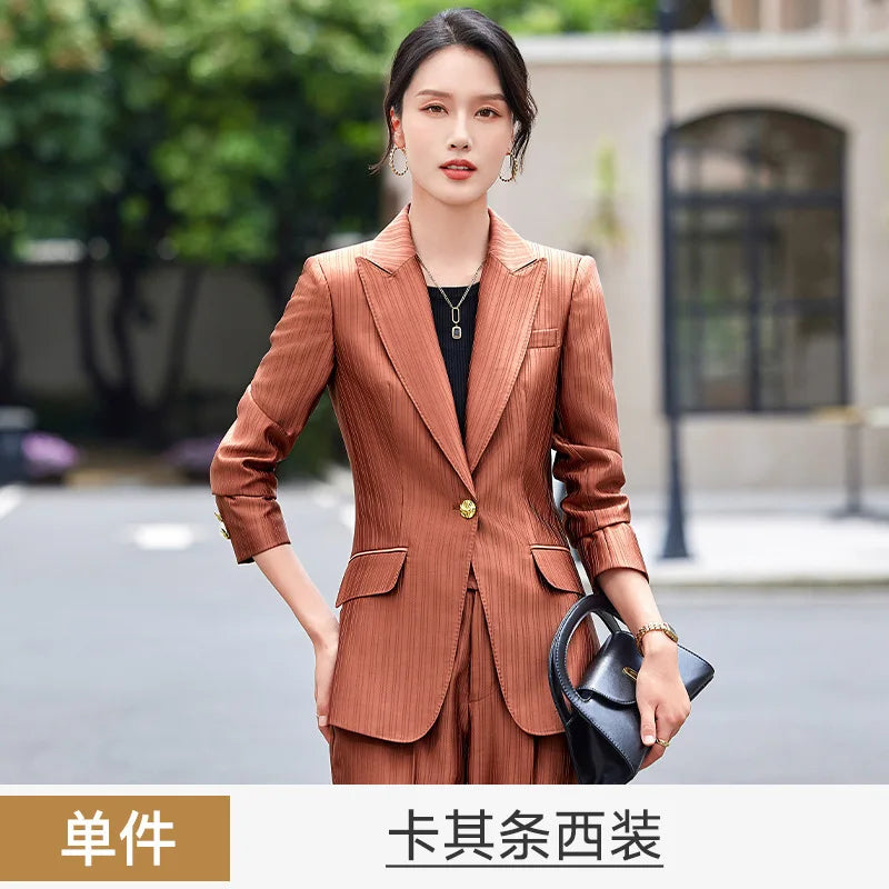 Professional Women's Suit2024New Autumn Green Striped Acetate Suit Workwear Elegant High-end Workplace Formal Wear