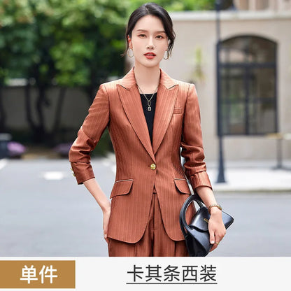 Professional Women's Suit2024New Autumn Green Striped Acetate Suit Workwear Elegant High-end Workplace Formal Wear
