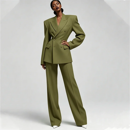Modern Style Women 2 Piece Pants Suit Double Breasted Peaked Lapel Straight Fit Outfit Office Business Formal Party Lady Set