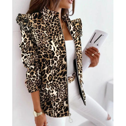 Autumn Winter Long Sleeve Print Blouse Women's Slim Fit Suit Jacket with Lace Hem Zipper Closure Fashionable Elegant Style