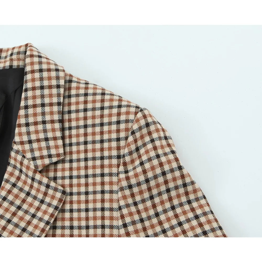 Stylish Plaid Pant Suits for Women New in Commuting Style Two Pieces Straight Plaid Blazer Matching Tonal Pleated Wide Leg Pants