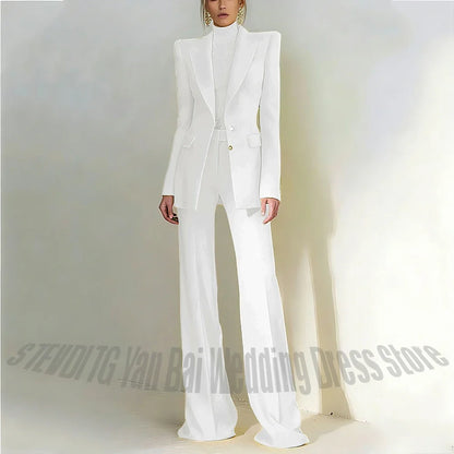 Women Pant Suit 2 Piece Set Office Female Business Work Formal Jacket Trouser One Button Chic Yellow Peaked Lapel Elegant Suit