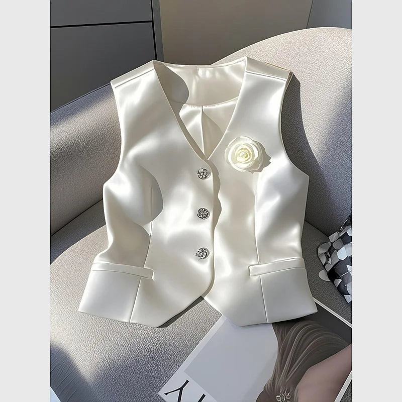 New Satin White Jacket Vest V-neck Single Breasted Slim Fit Short Coats Elegant Women Office Lady Temperament Tops Spring Summer