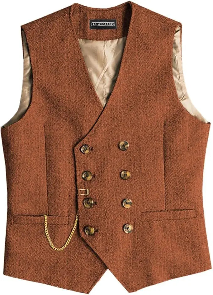 Men's Herringbone Vest – Double Breasted V-Neck Waistcoat for Weddings & Formal Occasions