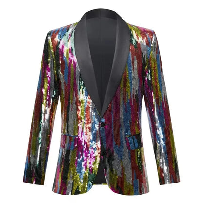 Men's Shiny Sequin Blazer Jacket Stripes Shawl Collar Slim Tuxedo Fashionable Evening Stage Performances Ideal Singers And Hosts