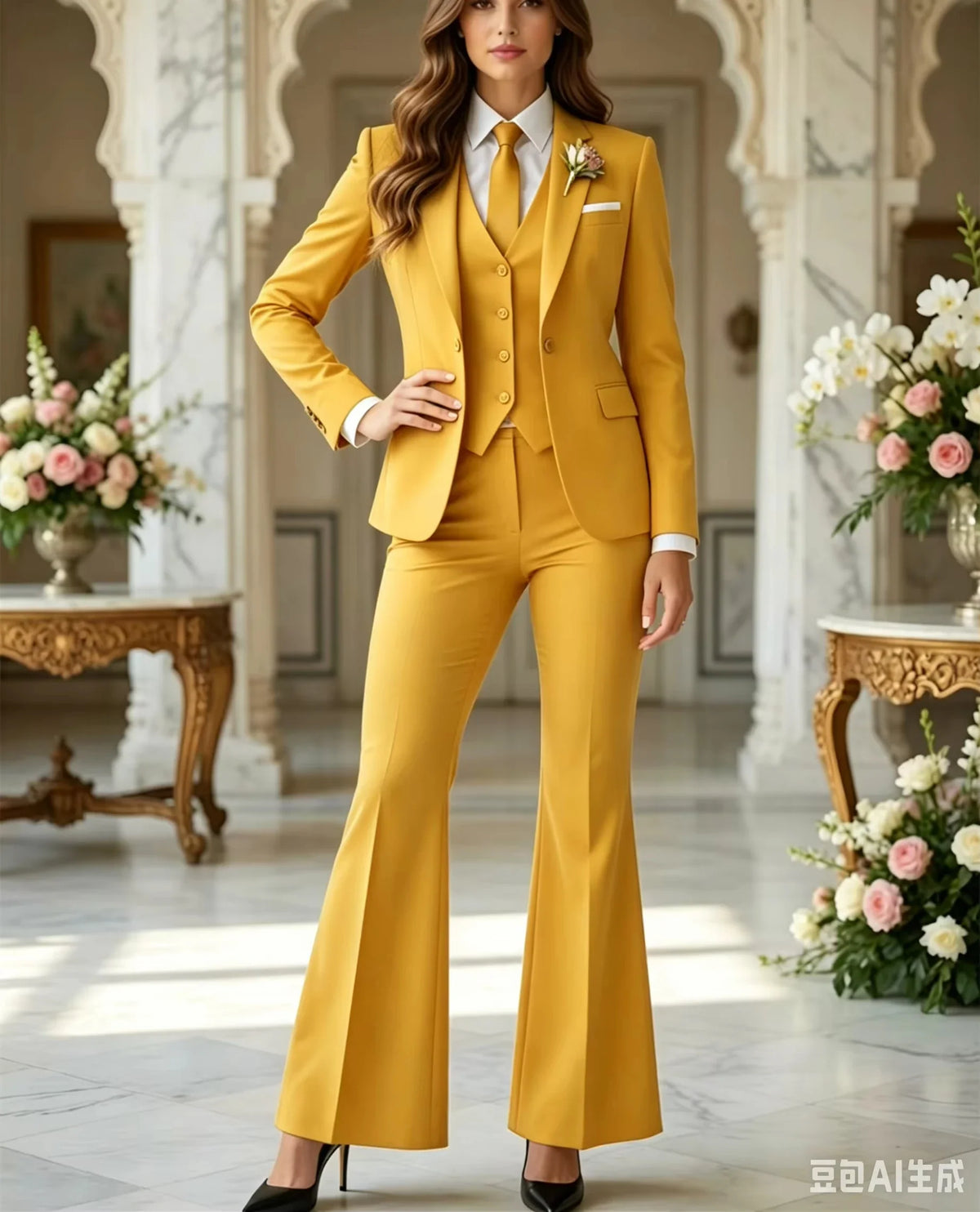 Luxury Fashion Navy Blue 3 Piece Suit Women Costume Tuxedo Flared Pantsuit 70s Retro Vintage Bridal