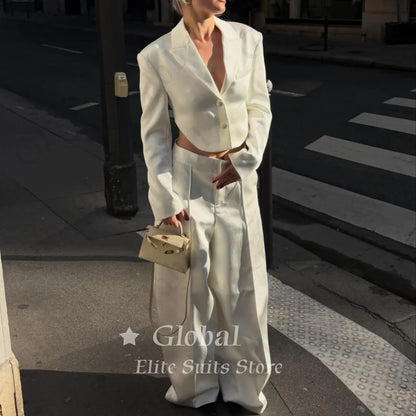 Women White Cropped Blazer 2 Piece Suit Backless Cutout Satin Wide Leg Pants Set Party Wedding Streetwear Formal Customized