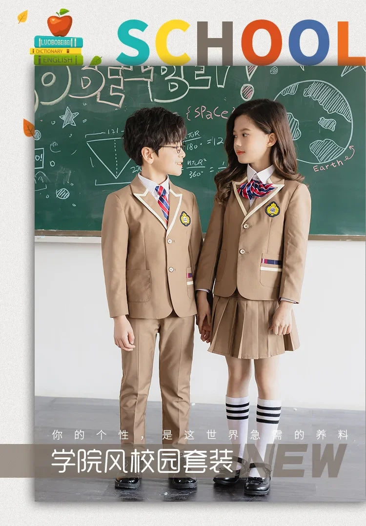 Boys School Uniform Girls Jacket Khaki Skirt Shirt Tie Suits Kids Formal Dress Tuxedo Toddler Clothes Sets Child Student Outfits