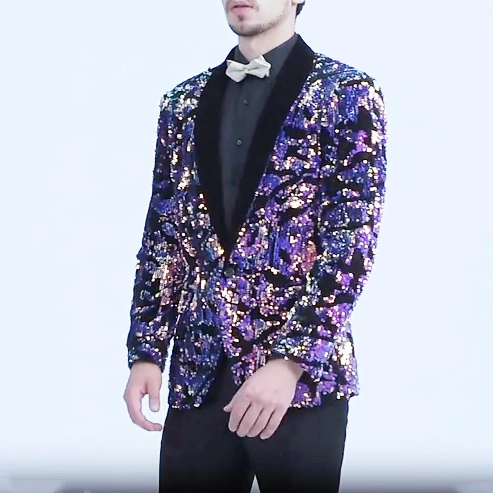 Men's Slim Fit Velvet Tuxedo Blazer Sequin Shawl Lapel One Button Wedding Party Banquet Jacket Shiny Suit Singer Studio Shoot