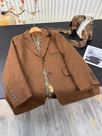 Autumn Office Ladies Work Mid Long Loose Fit Woolen Blazer Jacket Single Breasted Women Vintage Business Casual Suit Coat Blazer