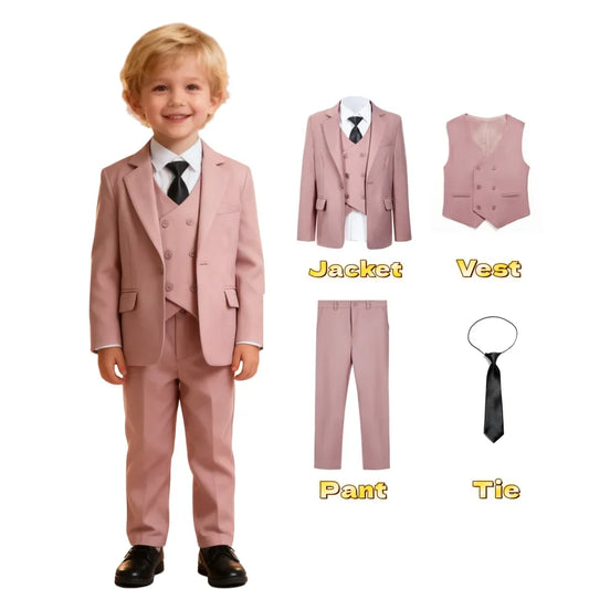 Four-Piece Boys Suit Set for Wedding and Formal Occasions – Notched Collar Tuxedo with Jacket, Pants, Vest & Tie