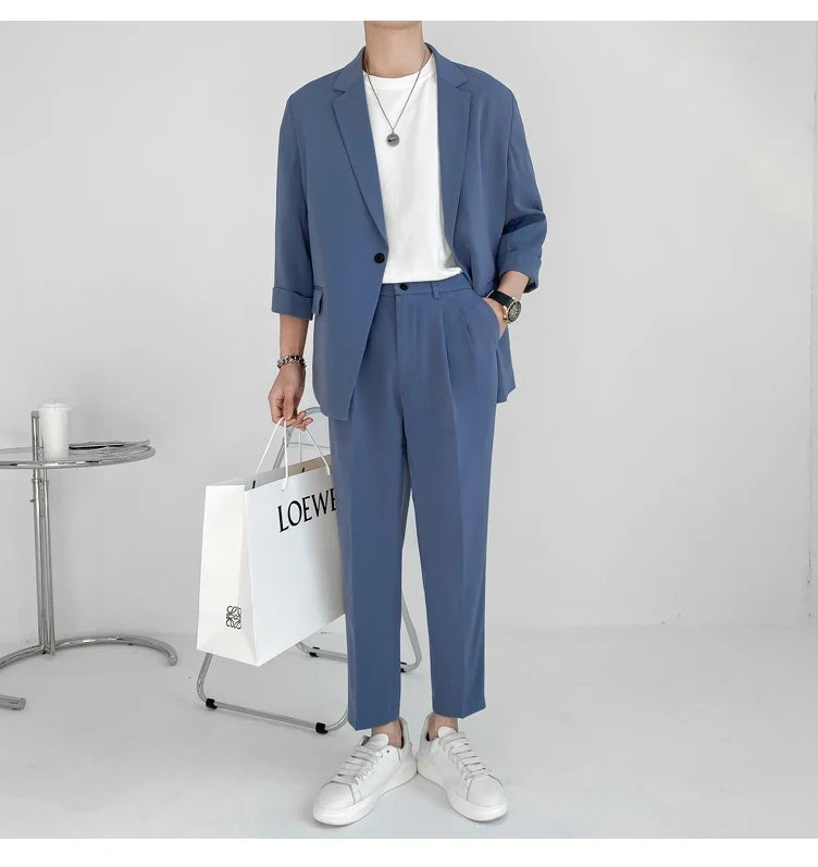2022 Fashion Summer 2-piece Set Solid Color Single-breasted Casual Simple Student Wear Homme Loose Suits Wear (Blazers + Pants)