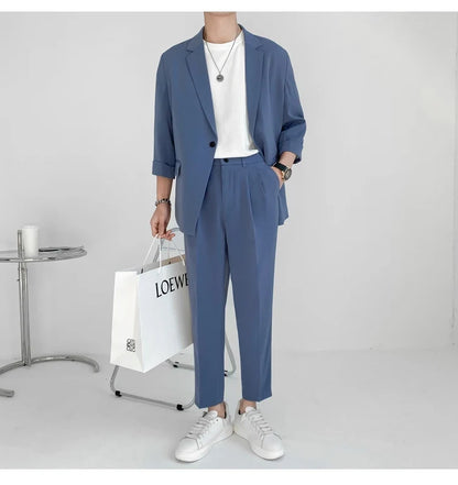2022 Fashion Summer 2-piece Set Solid Color Single-breasted Casual Simple Student Wear Homme Loose Suits Wear (Blazers + Pants)