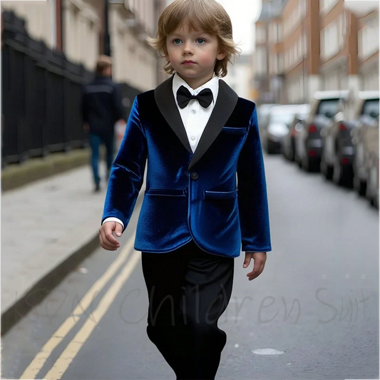 Elegant Shawl Lapel Velvet Boys Suit Jacket with Black Pants Fashion Outfit Single Button Party Banquet Formal Set Two Pieces