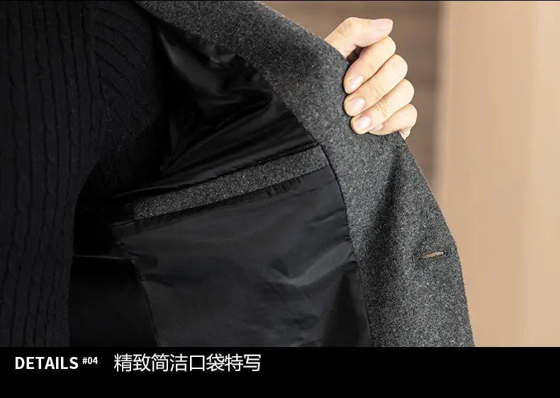 High-quality men's fashionable and stylish mid-length solid color woolen and cotton thick coat for autumn and winter