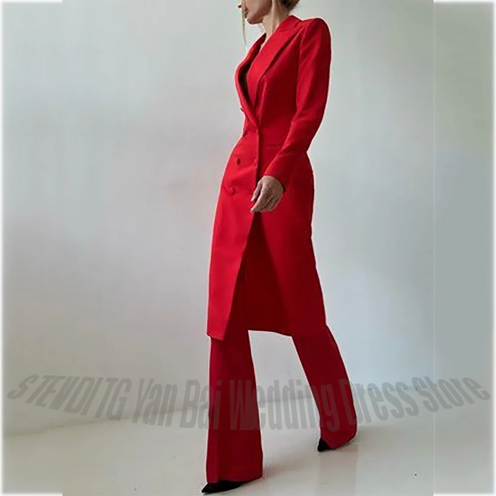 Luxury Red Women's Suit Two Pieces New Arrival Peaked Lapel Double Breasted Long Coat Outerwear Slim Fit Elegant Blazer Set