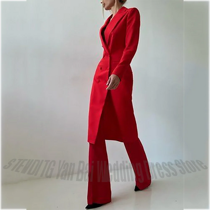 Luxury Red Women's Suit Two Pieces New Arrival Peaked Lapel Double Breasted Long Coat Outerwear Slim Fit Elegant Blazer Set