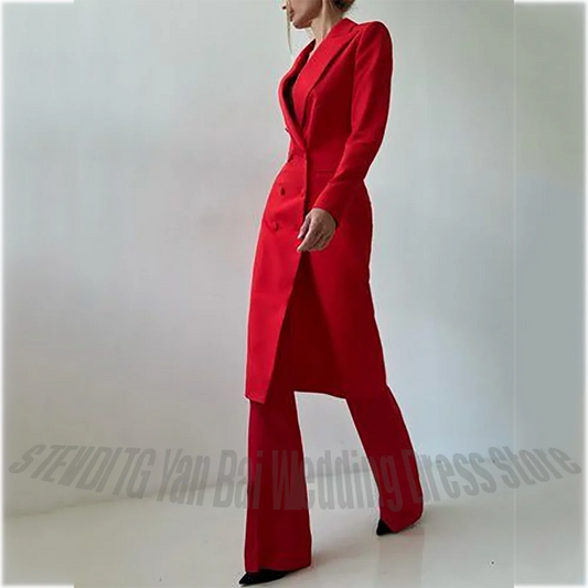 Luxury Red Women's Suit Two Pieces New Arrival Peaked Lapel Double Breasted Long Coat Outerwear Slim Fit Elegant Blazer Set