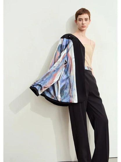 Minimalism Women Tailored Coat 2024 Autumn New Office Lady Lapel Collar Print Patchwork Mid-length Loose Blazer 12443016