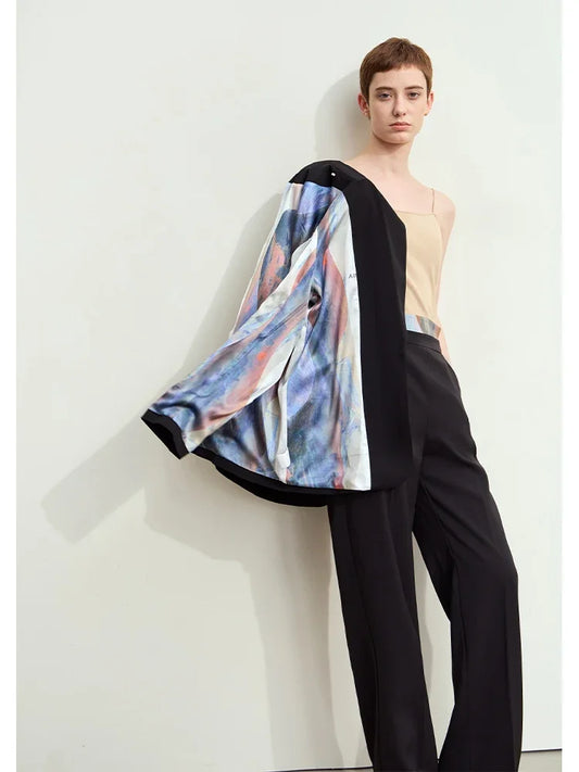 Minimalism Women Tailored Coat 2024 Autumn New Office Lady Lapel Collar Print Patchwork Mid-length Loose Blazer 12443016