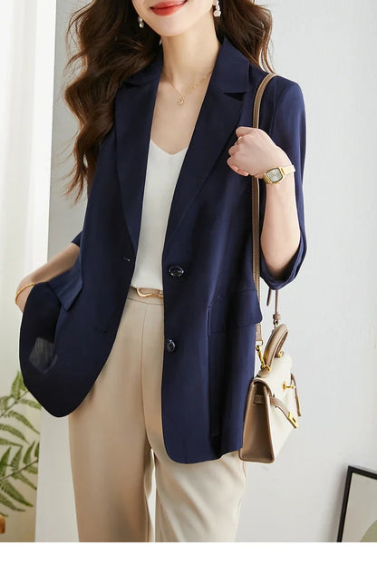 Casual Lyocell Suit Blazers Women 2026 Autumn Fashion Transparent Lightweight Three Quarter Sleeve Office Ladies Blazers