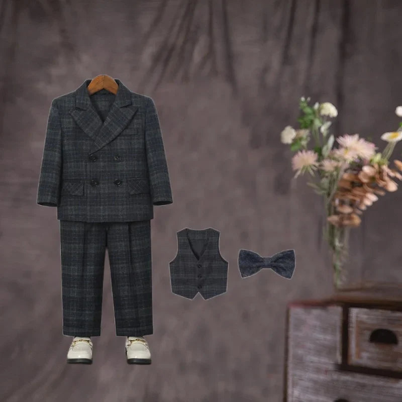 Boys 4Pieces Brown Plaid Wedding Outfit With Jacket Vest Pants Bowtie Kids Formal Wear for Piano Host Speech Performance